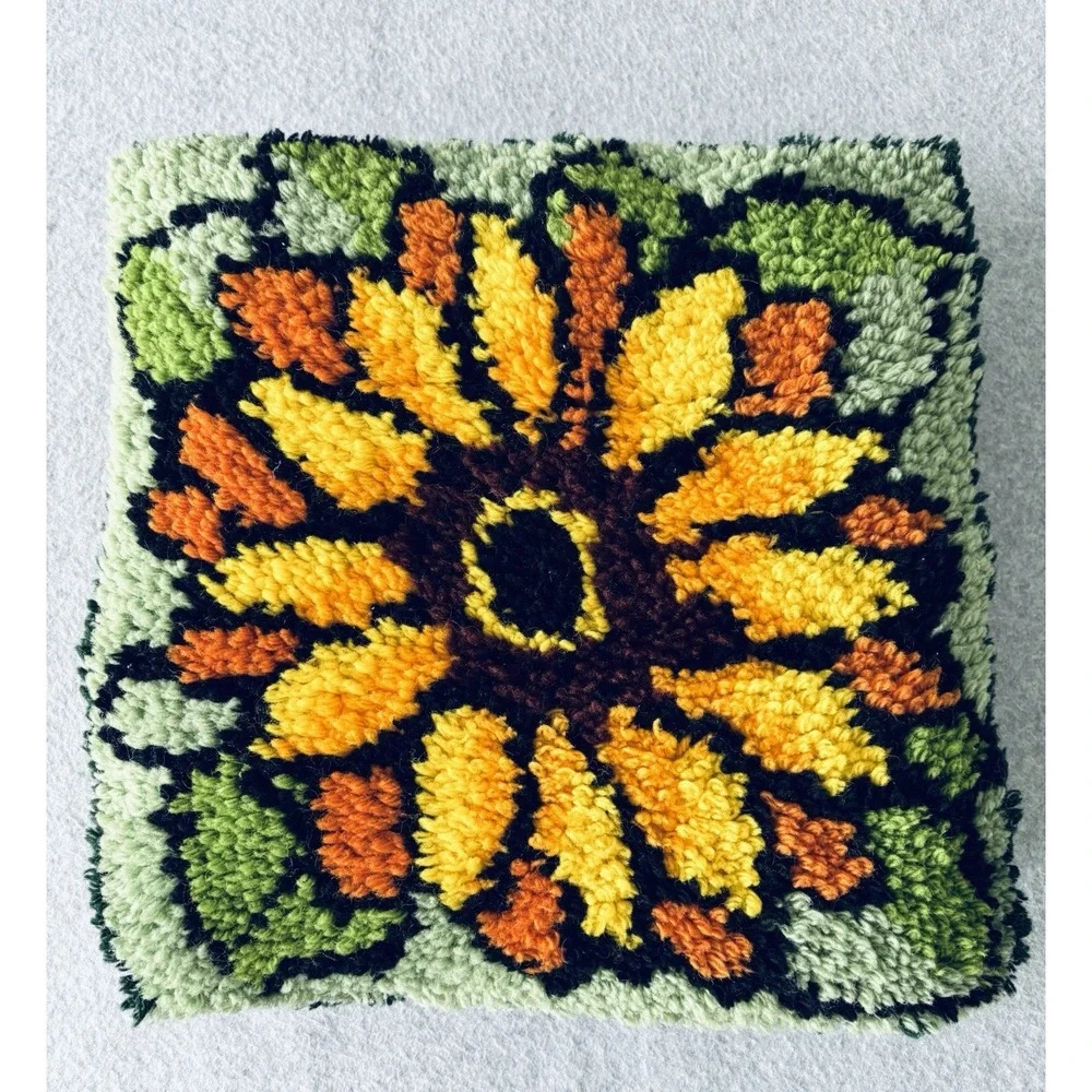 Vintage Sunflower Latch Hook 70s Handmade Pillow Unique‎ Orange Yellow Green